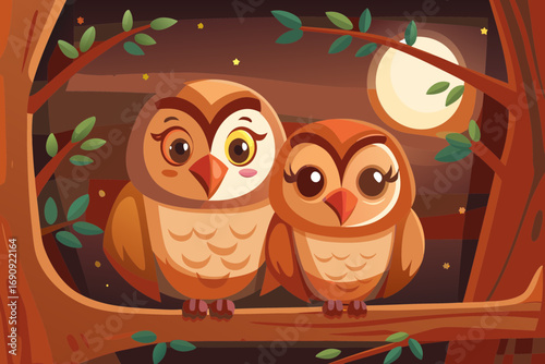 Two owls sitting on branch, one leaning head to another, cozy night with moon