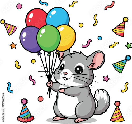 Playful Chinchilla with Balloons  Adorable Cartoon Vector Art