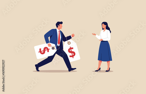 Businessman running with money bags while woman reaches out for cash