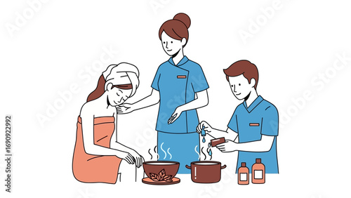 Caring medical professionals in blue uniforms provide gentle foot care and massage to an elderly woman in a warm and comforting setting
