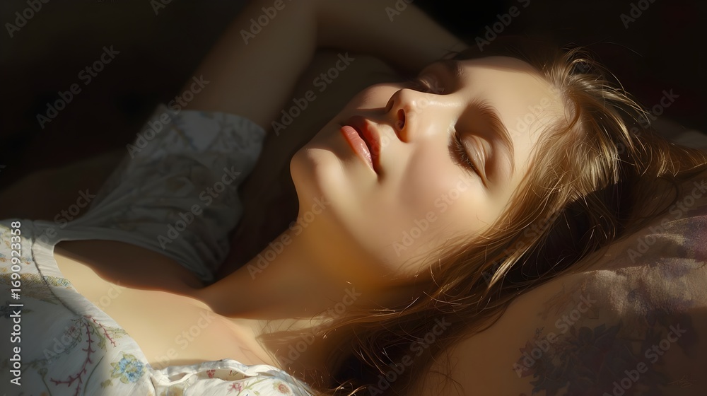 Naklejka premium Serene young woman bathed in warm sunlight, experiencing peaceful slumber and tranquility