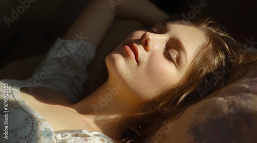 Serene young woman bathed in warm sunlight, experiencing peaceful slumber and tranquility