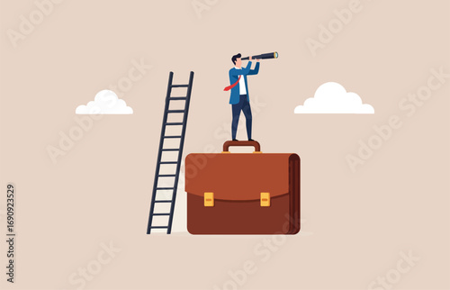 Businessman with telescope on briefcase near ladder seeking future opportunities and success