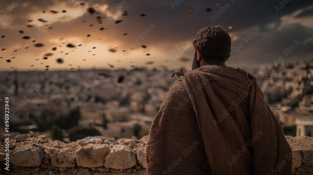 Obraz premium Jeremiah stands atop a shattered city wall at sunset, cloak billowing in the fading light, gazing over desolation with sorrow and faith, symbolizing mourning, resilience, and divine warning.