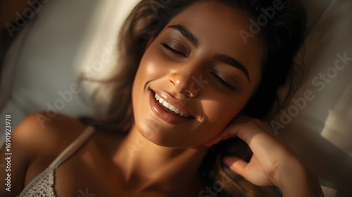 Radiant woman basking in warm sunlight, eyes closed with a blissful smile, peaceful moment captured