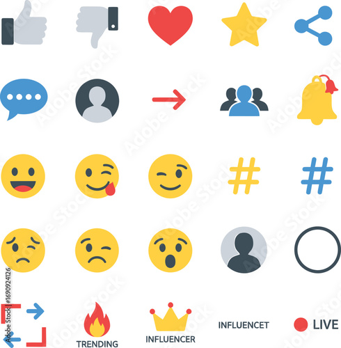 A comprehensive set of modern flat vector icons for social media, depicting user engagement, communication, and digital interaction concepts for web and app design