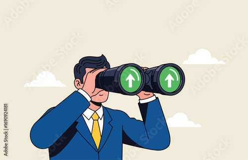 Man in suit holding binoculars looking far ahead vision strategy future opportunity exploration