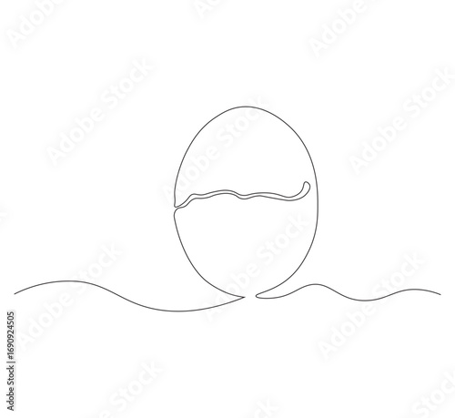 Draw one continuous line of a cracked egg shell. white background. One line organic farming products concept. Editable outline