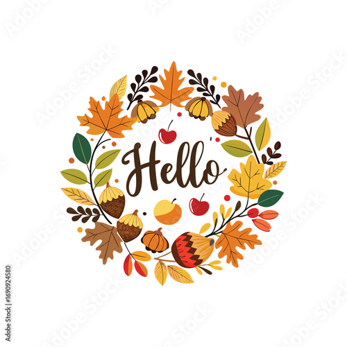 Hello autumn wreath with leaves acorns and pumpkins