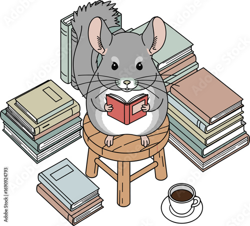 Chinchilla Reading Book on Wooden Stool Flat Minimal Vector