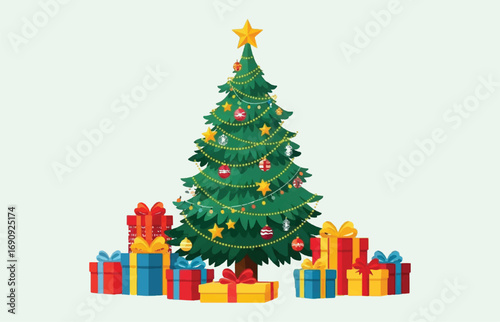 Festive christmas tree surrounded by brightly wrapped presents ready for holiday celebration