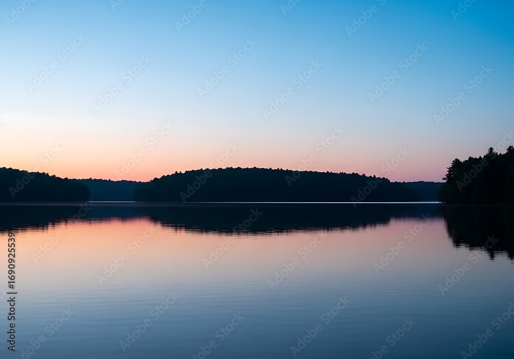 Fototapeta premium Calm lake at dusk with colorful sky reflection on water