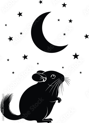 Chinchilla Silhouette with Moon and Stars Vector Illustration
