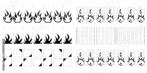 Collection of stylized fire flame icons and patterns for graphic design and digital art projects