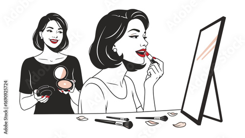 Elegant woman applying lipstick in a mirror while another woman holds a makeup palette and brushes vintage style illustration