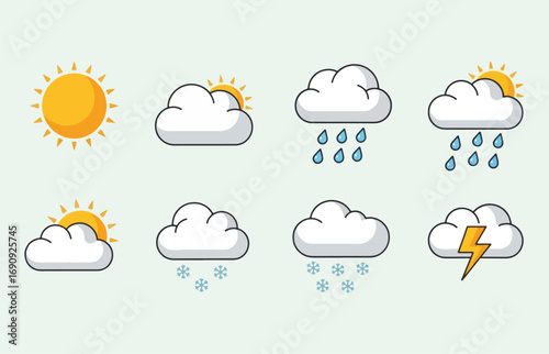 Weather icons set sun clouds rain snow lightning thunderstorm forecast symbols