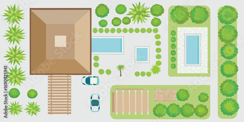 Top view illustration of a modern house with a swimming pool garden and cars in the driveway