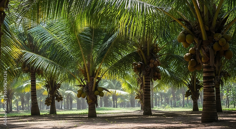 Fototapeta premium Coconut Palm Grove with Coconuts Growing in a Tropical Environment