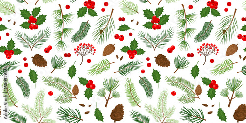 Holly berry, pine cone, mistletoe branch seamless pattern. Christmas tree, fir, leaf winter needle plant background, Xmas nature print. Holiday coniferous floral color bg. New Year vector illustration