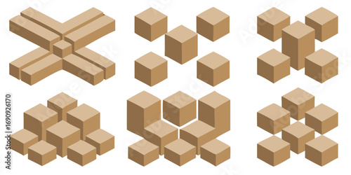 Isometric arrangement of wooden blocks showing different geometric shapes and structures on a black background