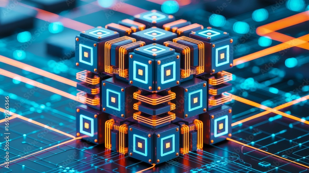 Fototapeta premium A visually striking arrangement of cubes with circuitry, glowing elements, and a digital aesthetic, representing advanced technology and data processing.