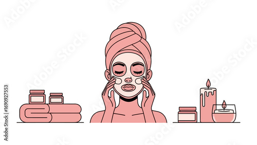 Woman with pink towel on head and face mask applying eye patches with skincare products and candle in spa setting
