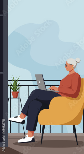 Senior woman working on a laptop from her apartment balcony, enjoying remote work and a relaxed lifestyle. Ideal for business, tech, or retirement concepts.
