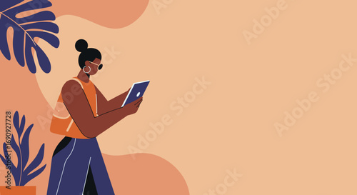 Contemporary woman with a tablet, dressed casually, engaging with technology in a minimalist, plant-adorned setting. Ideal for lifestyle, education, or business concepts.