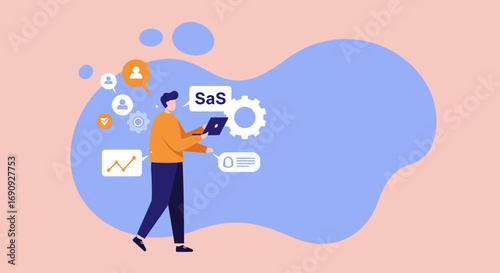 Man uses laptop for SaaS management, surrounded by icons. Depicts cloud computing, digital solutions, and online business efficiency.