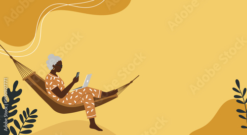 Mature woman relaxes in a hammock, using a smartphone and laptop. Represents modern lifestyle, flexible work, and digital connectivity, ideal for business, leisure, and travel themes.