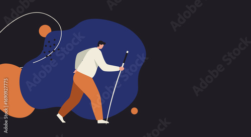Visually impaired man walking with a white cane, navigating independently. Concept of accessibility, independence, and support for disabled people.