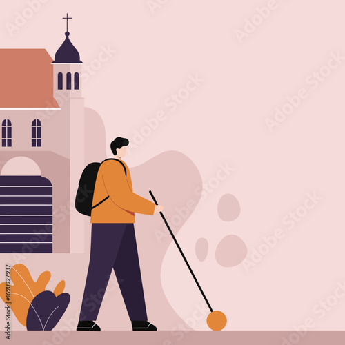 A determined traveler with a backpack and a white cane walks past a church, embodying independence and exploration. Ideal for themes of accessible travel, pilgrimage, or personal journeys.