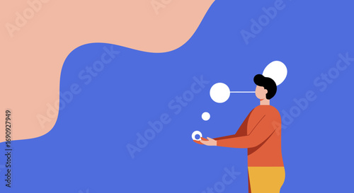Minimalist illustration of a man contemplating ideas or managing data, symbolizing thought process, communication, or problem-solving. Ideal for business and technology concepts.