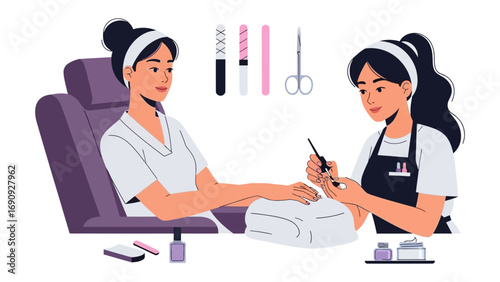 Young woman receiving a professional manicure service from a beautician in a salon with nail care tools displayed
