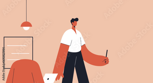 Professional illustration of colleagues collaborating in a modern workspace. One person presents with a stylus while another works on a laptop, depicting teamwork and innovation.