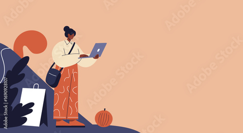 Modern woman using laptop for online shopping or remote work, embodying digital lifestyle and technology integration. Ideal for business and e-commerce concepts.