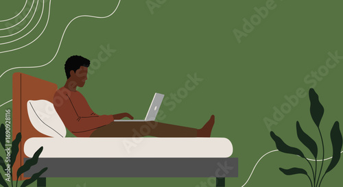 Relaxed man working remotely from bed on his laptop, embodying a modern work-from-home lifestyle with comfort and productivity.