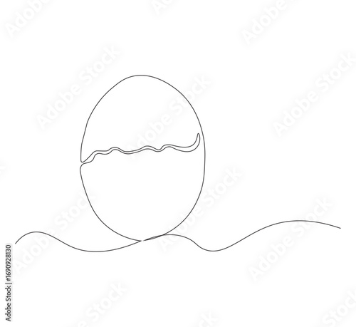 Draw one continuous line of a cracked egg shell. white background. One line organic farming products concept. Editable outline