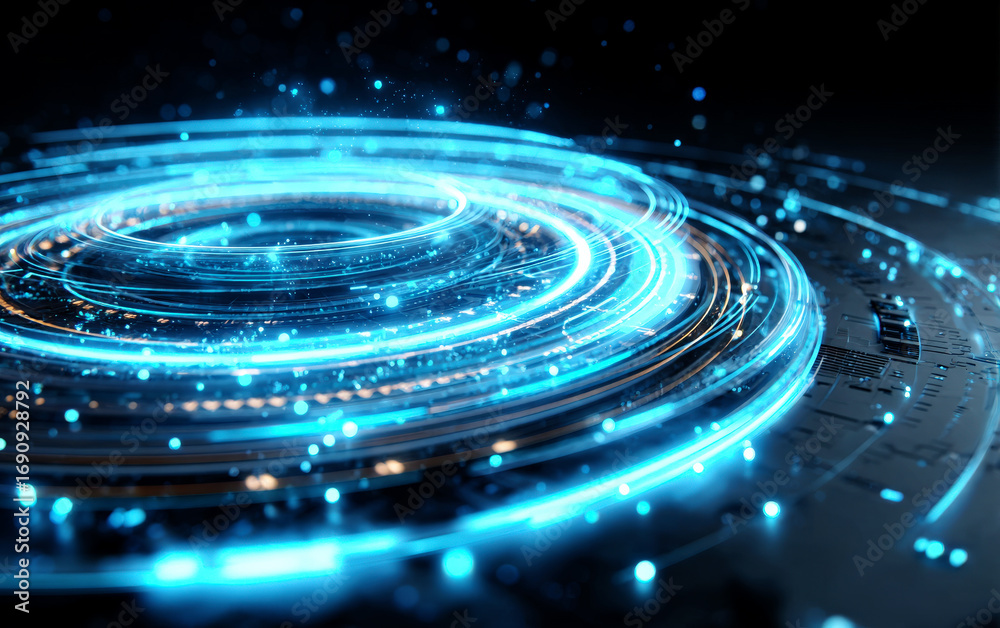 Fototapeta premium Abstract Digital Circuits and Swirling Light Effects in Technology
