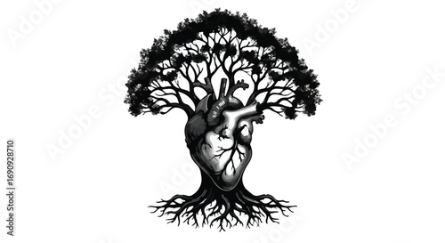 Symbolic tree with heart-shaped trunk representing life, love, and growth