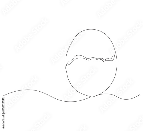 Draw one continuous line of a cracked egg shell. white background. One line organic farming products concept. Editable outline