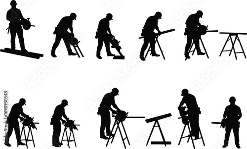 Silhouette construction workers using circular saws, wood cutting, and carpentry tools with protective gear, industrial labor activities, teamwork, and craftsmanship on construction job sites.
