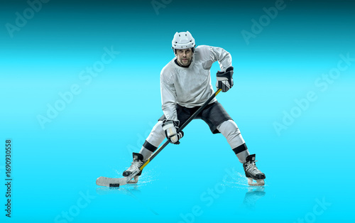 Ice Hockey Players in Action Under Neon Lights. Dynamic pose and intense atmosphere highlight the energy of the sport. Competition, teamwork, modern sports aesthetics.
