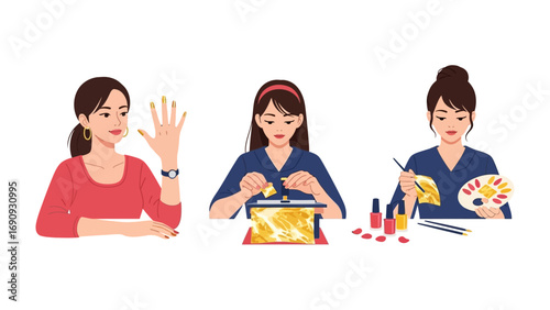 Three diverse women engaged in personal grooming and creative activities showcasing beauty art and self care routines with a clean white background