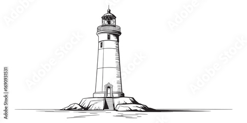 Hand-drawn sketch of a classic lighthouse on a rocky shore, an iconic nautical beacon vector illustration isolated on white background