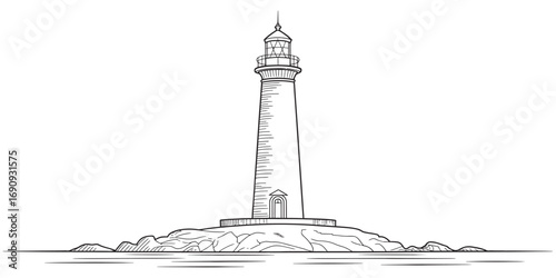 Monochrome sketch of a classic lighthouse on a rocky island, a hand-drawn vintage engraving style vector illustration isolated on a white background