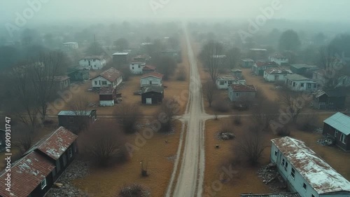 Aerial. Desolate town with many abandoned buildings and houses