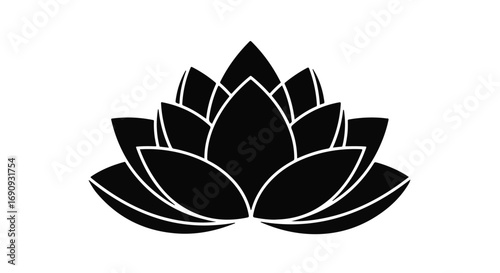 Elegant black lotus flower silhouette against a clean white background, symbolizing serenity and purity.