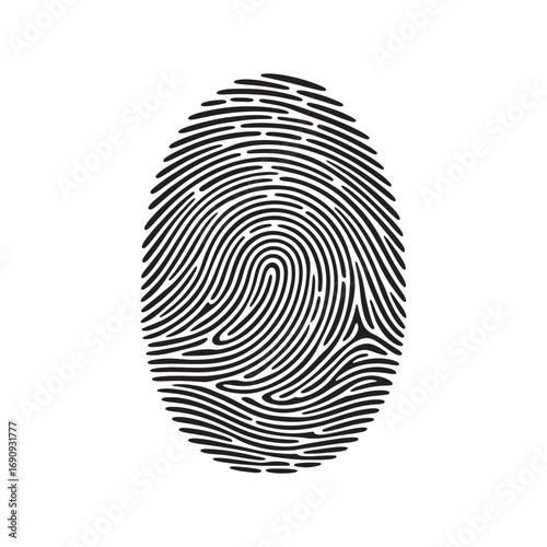 Classic black thumbprint graphic isolated on a white background, a symbol of personal identity, biometrics, and security technology 