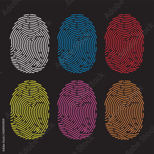 Vibrant collection of six distinct fingerprints in multiple colors on a black background, representing identity and uniqueness